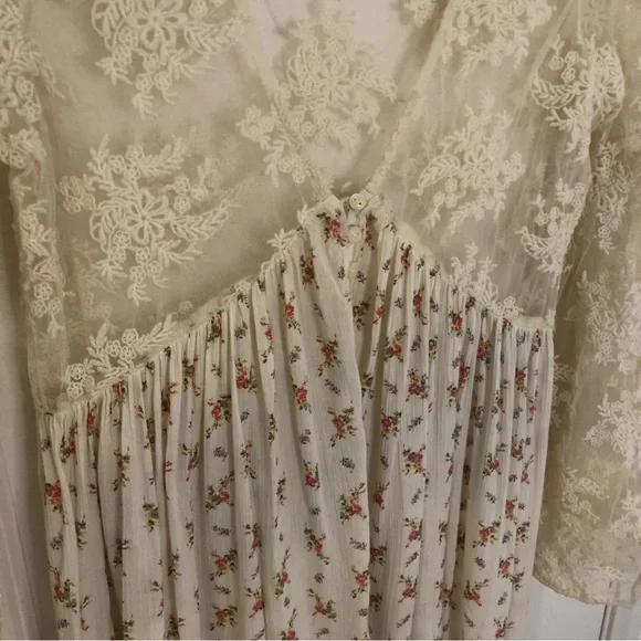 Denim Supply Ralph Lauren Bohemian Printed Tea Dress Lace Flare Sleeves Prairie - Picture 8 of 14